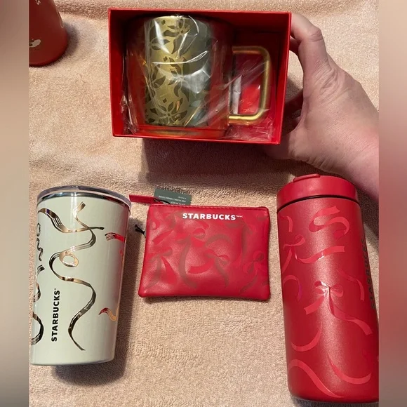 Starbucks Lot of 4: Holiday ribbon, poinsettia, card pouch - Picture 1 of 7